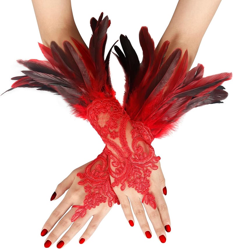 UQJE 2PCS Women's Lace Feather Long Gloves Gothic Mesh Cuff Wedding Halloween Party - Image 1